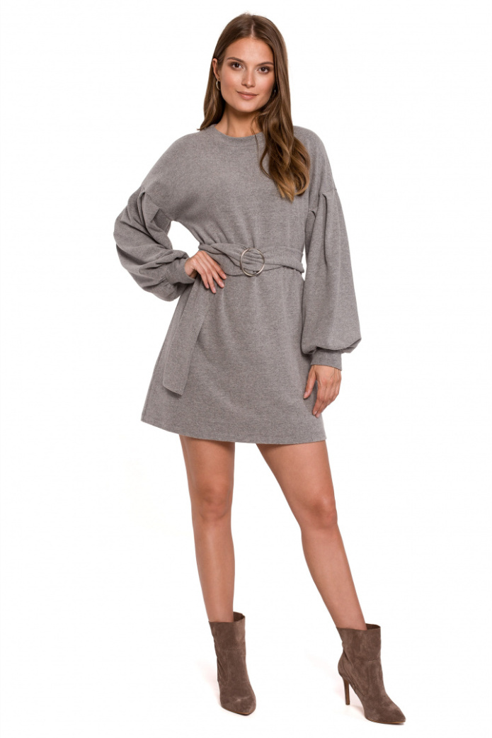 Sukienka Mini - Swetrowa Z Paskiem Długi Rękaw Bawełniana - szara